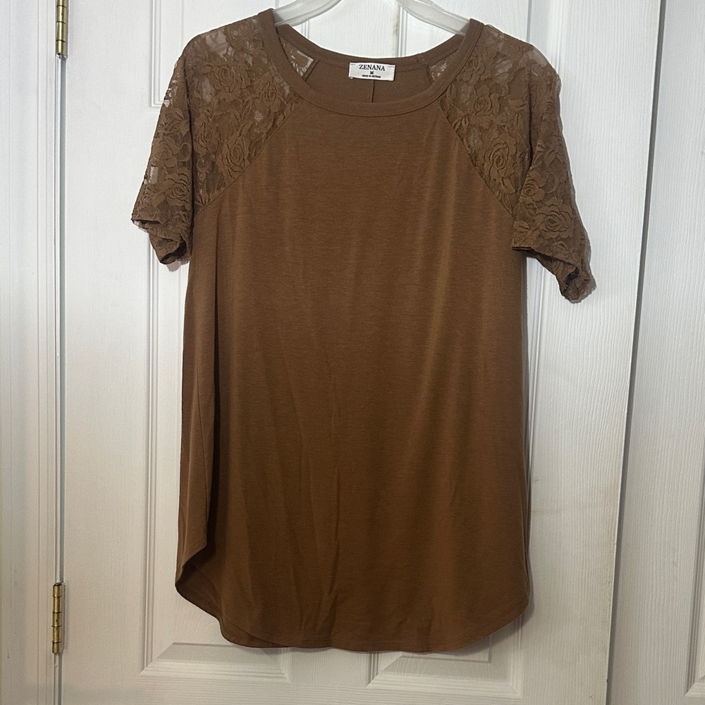 Zenana Brown Short Sleeve Lace Top Size Medium